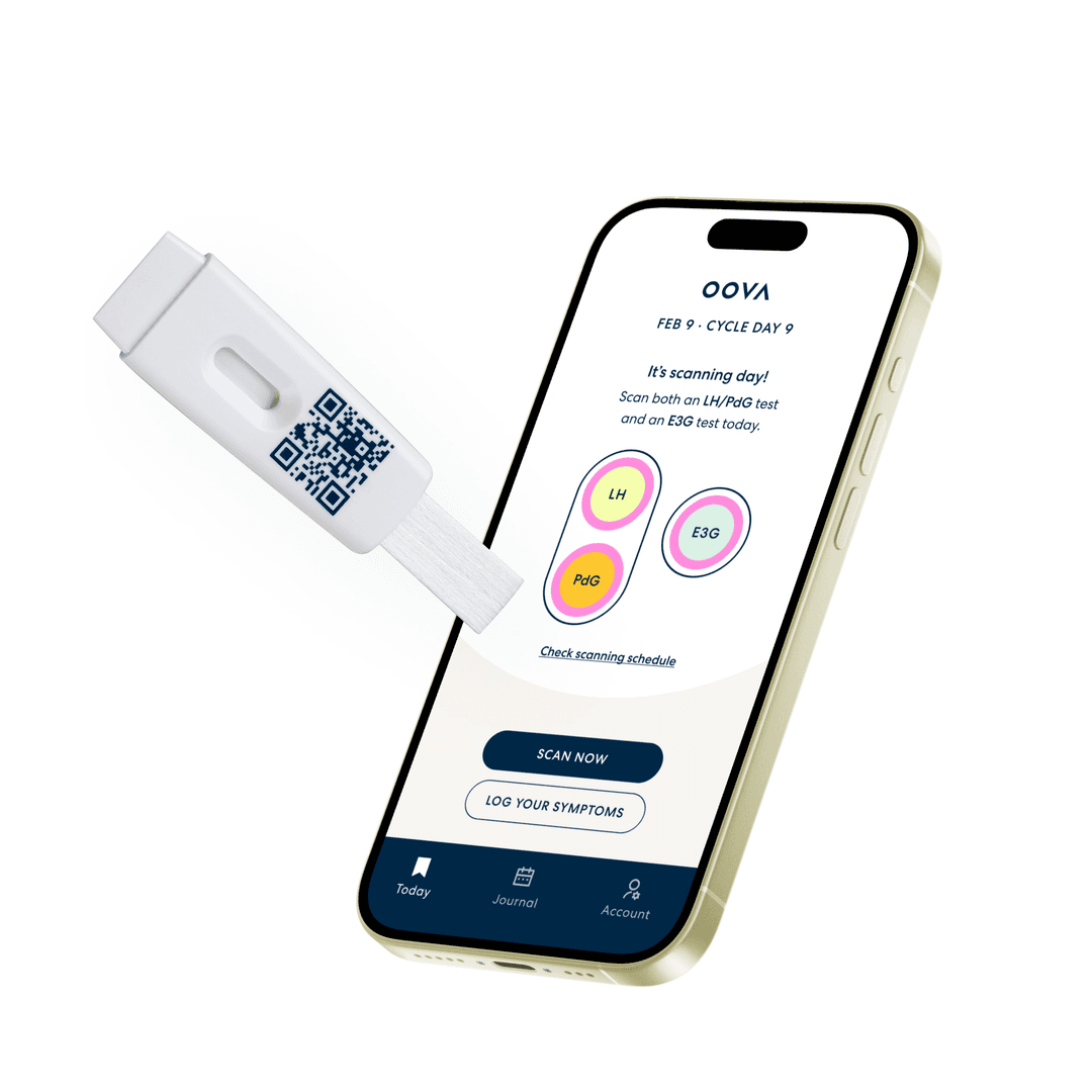 Oova test strip alongside iPhone app showing LH, PdG, and E3G hormone readings